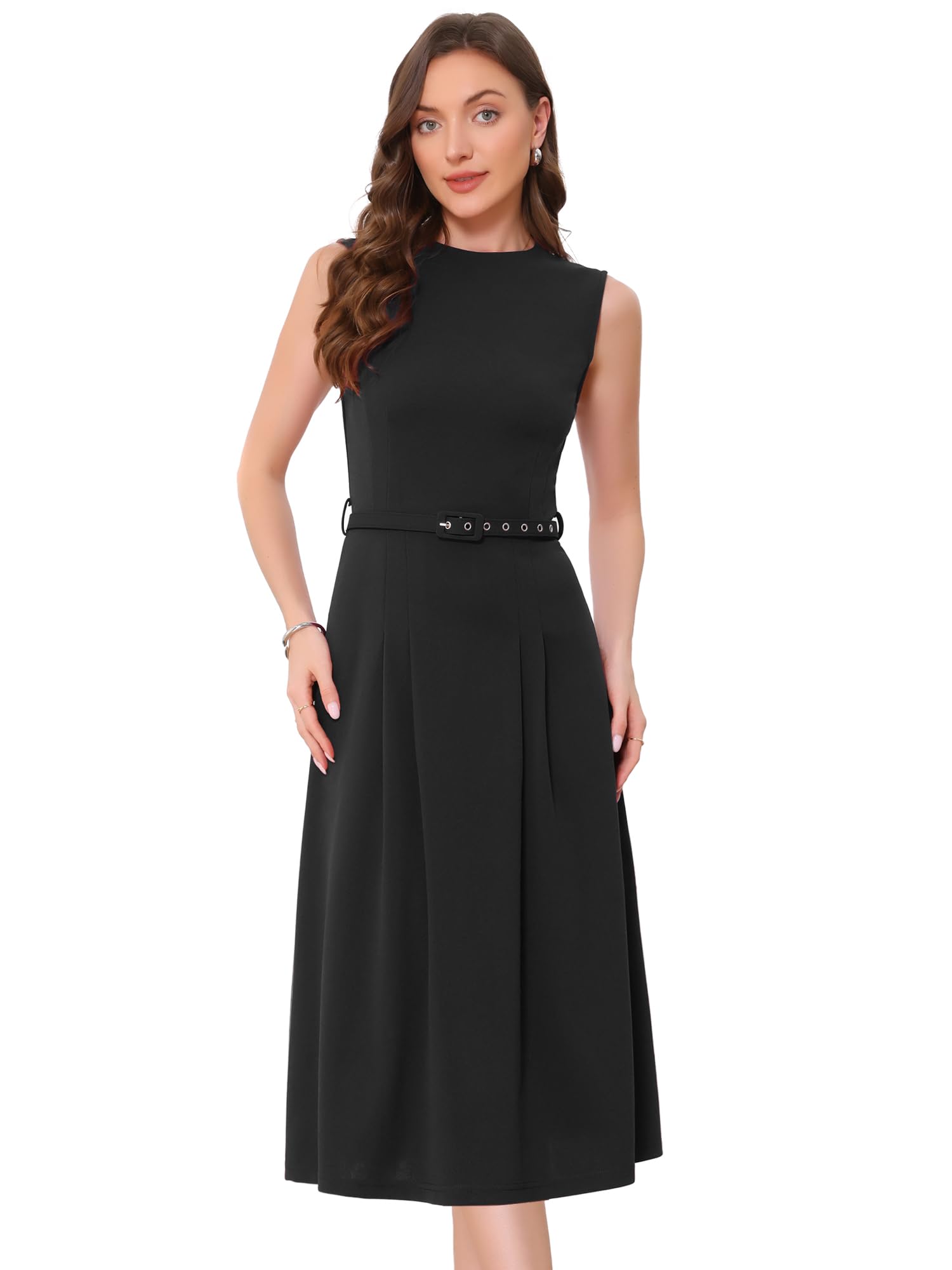Allegra K Robe de Travail Femme sans Manches Col Ras du Cou Taille Haute Coupe Trapèze Tenue de Bureau
