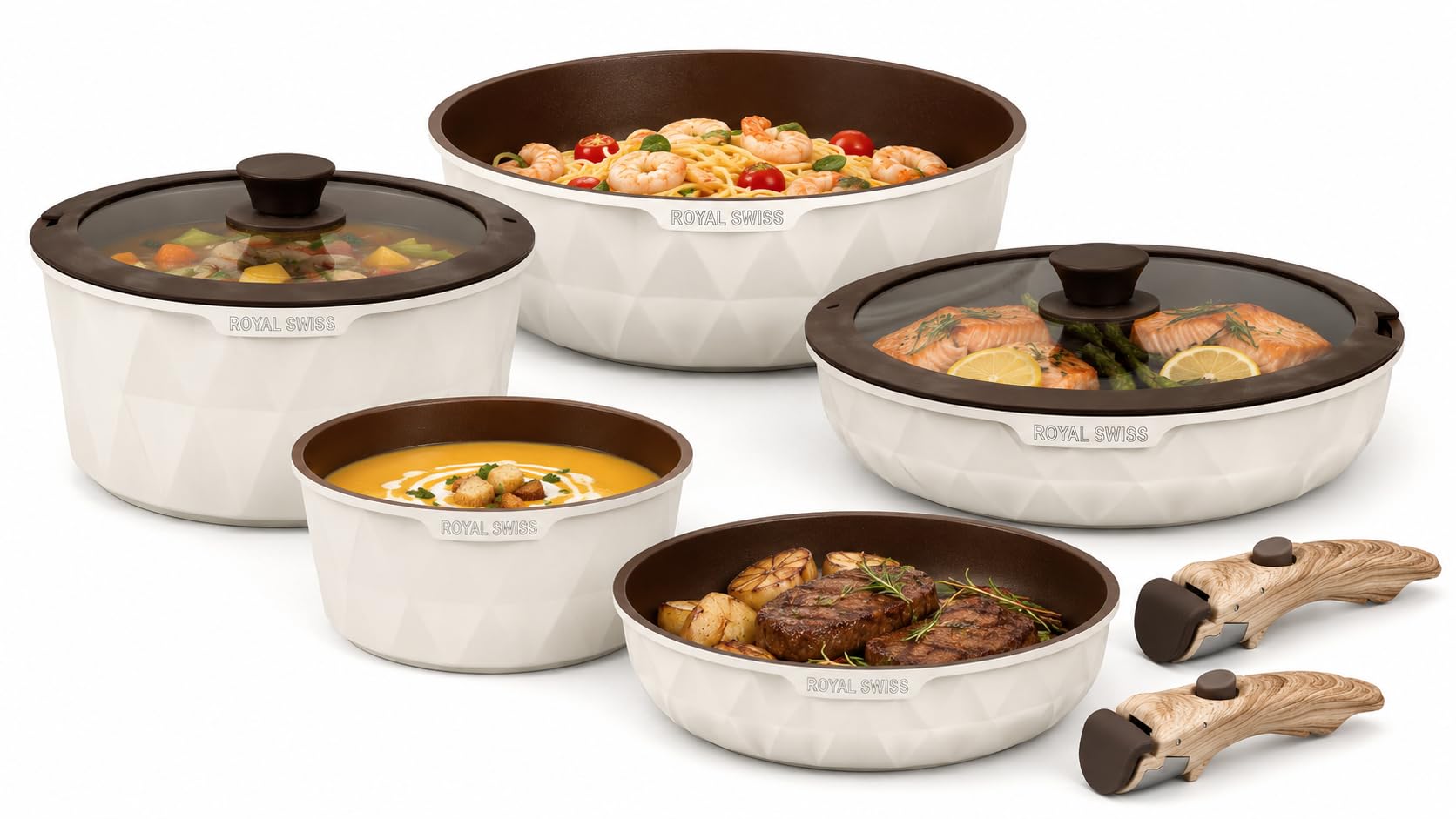 Royal Swiss® Batterie de Cuisine Induction 9 Pièces, Poignées Amovibles, Casseroles & Poêles Empilables, Revêtement Antiadhésif Sans PFAS, Couvercle Universel, Tous Feux, Beige