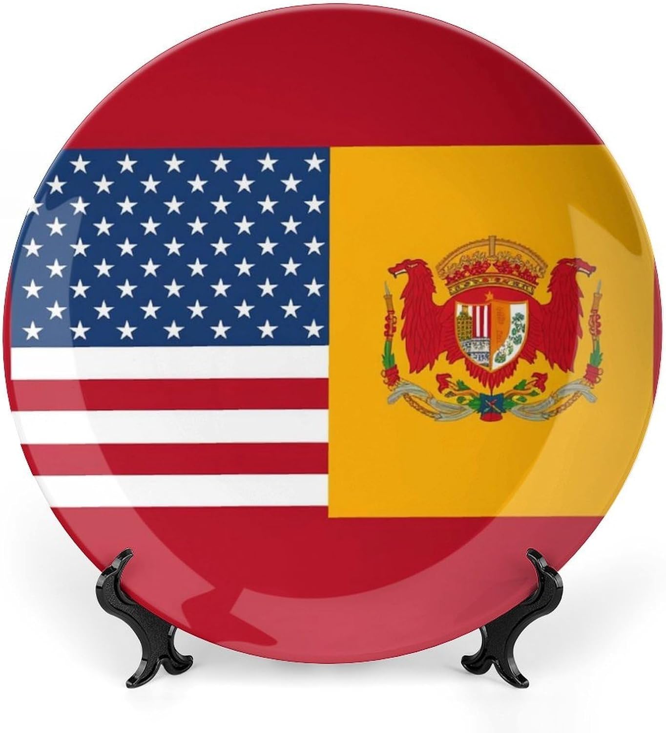 American Spain Flag Ceramic Plate 10inch Decorative Bone China Wall Hanging Ornament Plates Bohemian Style Dinner Plate with Display Stand Cabinet Display Plates for Home Art Decor