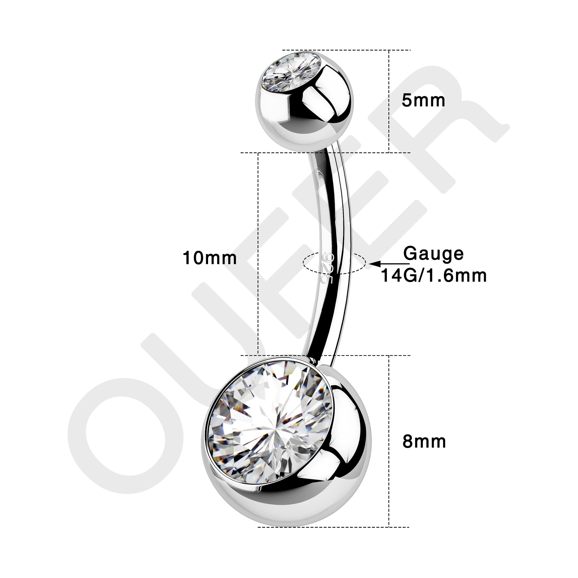 OUFER Piercing per ombelico in argento Sterling 925 con sfere in argento Sterling 925, piercing per ombelico, con zirconia cubica trasparente per donne
