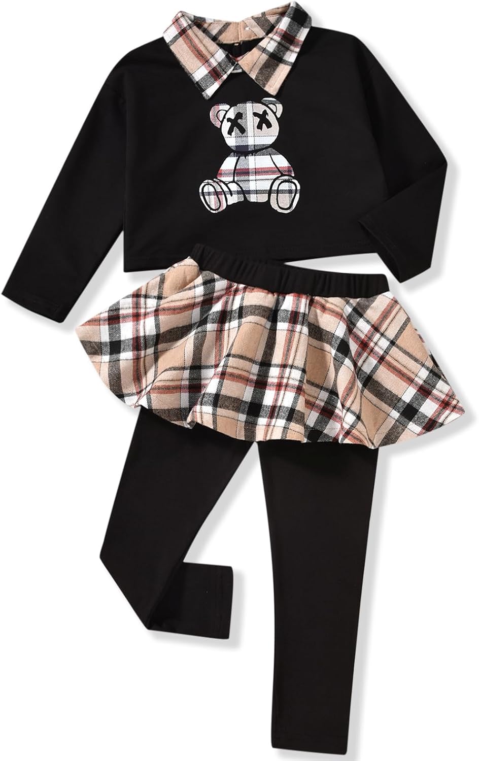 HINTINA Toddler Little Girl Letter Print Sweatshirt Top Plaid Skirt Pants Fall Winter Outfits