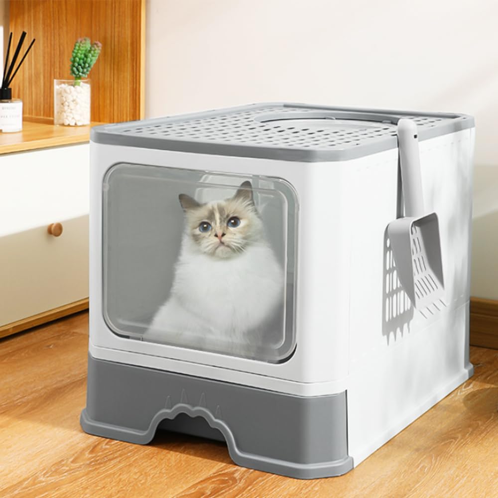 Bac à litière pour Chat Maison de Toilette fermé Pliable Double Porte battante et supérieure + Pelle + tiroir à litière Nettoyage Facile Avant et entrée par Le Haut (50 * 35 * 38CM-Gris)
