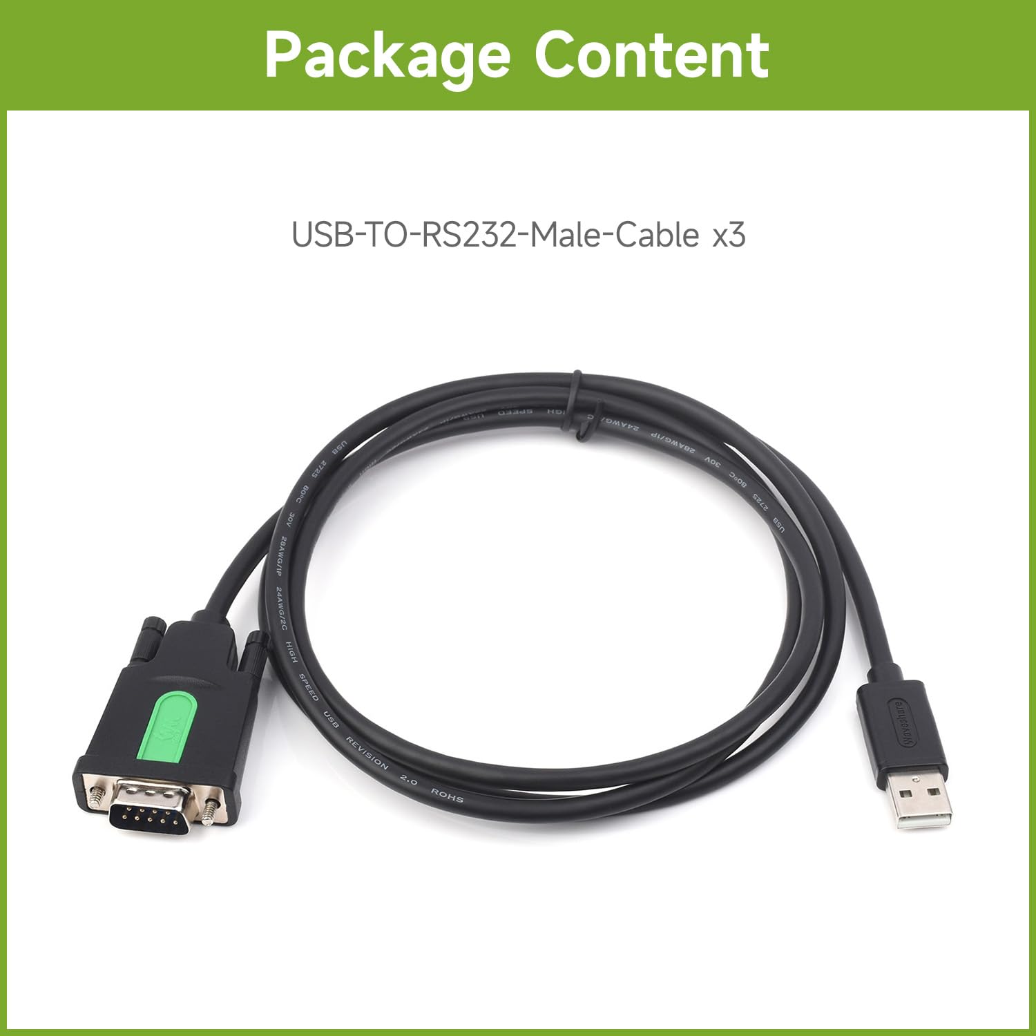 Waveshare Industrial USB To RS232 Serial Adapter Cable(3 PCS), USB Type A To DB9 Male Port, FT232RL Chip, 1.5m, For Industrial Control Equipments & Applications With High Communication Requirement