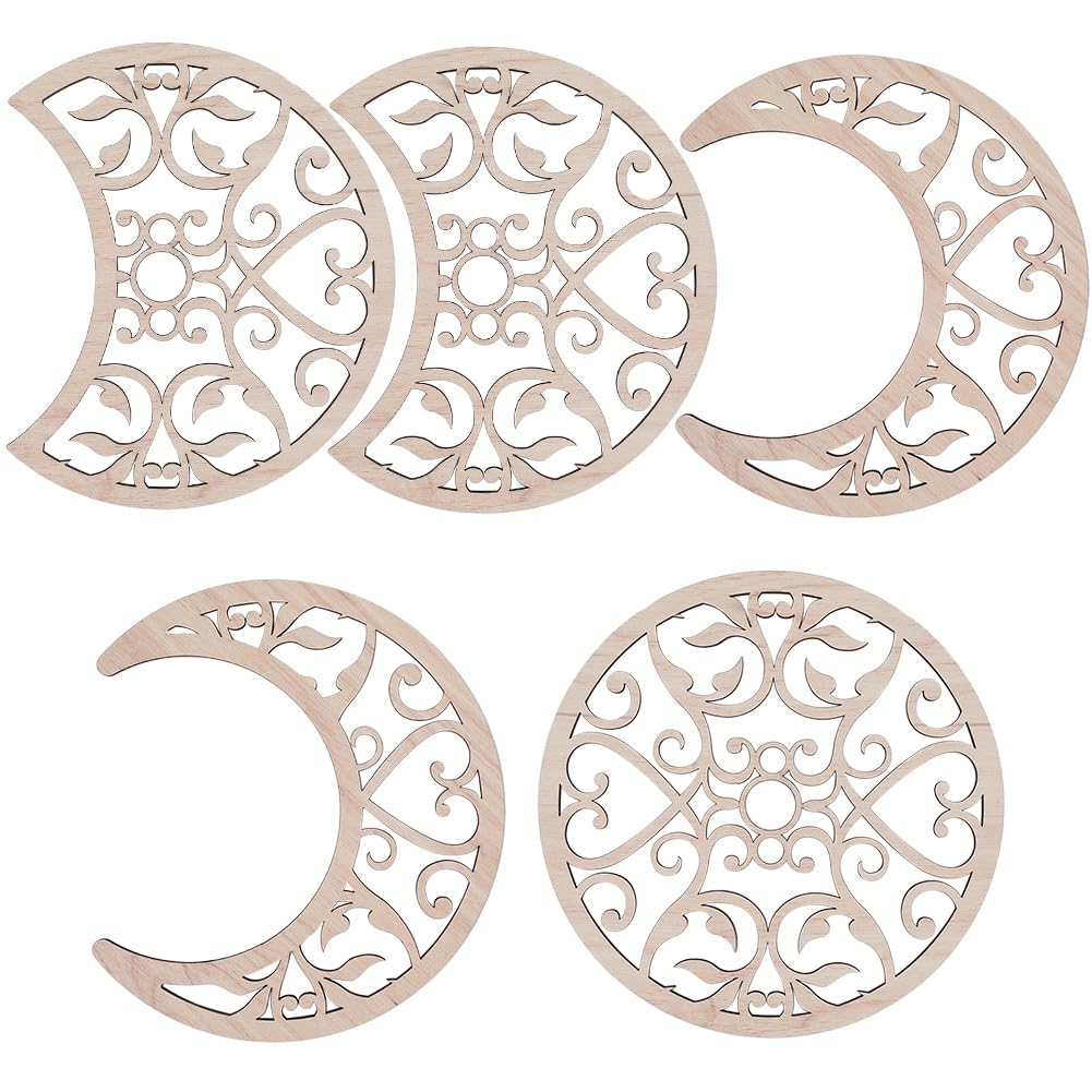 CREATCABIN 5 pieza Decoración de Luna Fase Lunar Decoración de Pared Colgante de Madera Boho Arte de Pared Decoración Estética con Pegatinas para Sade Dormitorio Espiritual Hogar Diy Ornamento Rosa