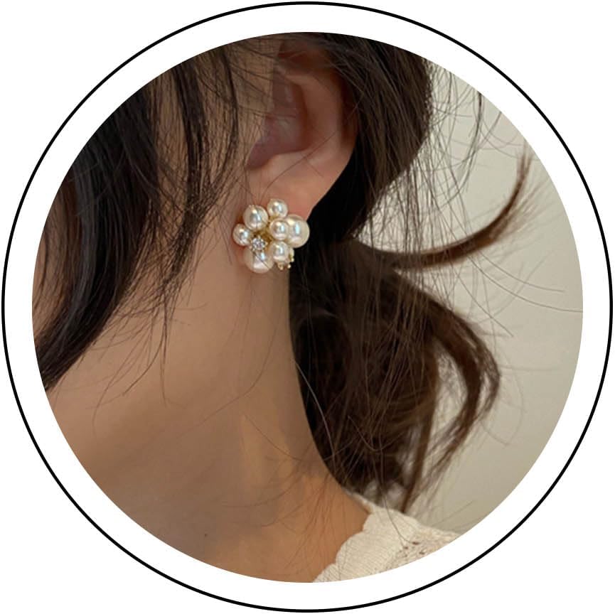 – Boho Cluster Earrings - Unique French Ball Drop with Rhinestone & Simulated Pearl Bridal Cluster for Wedding & Occasion