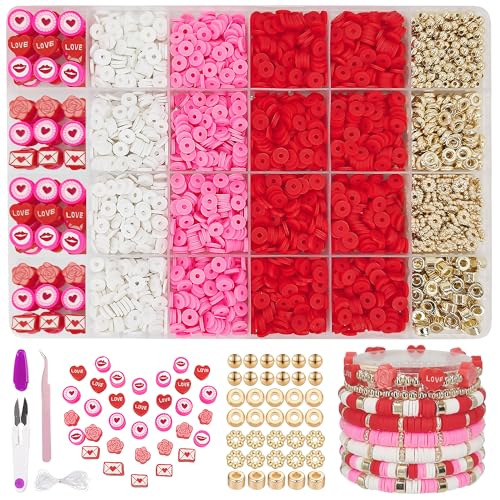 MIIIM Red Clay Bracelet Kit - Heishi Beads Clay Charms Gold Spacer Beads - Jewelry Making & Friendship Bracelet Kit for Valentines Day Crafts Raves Gifts