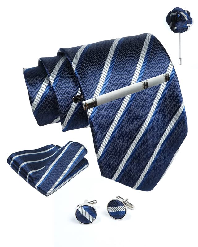 AXLONBlue Striped Ties For Men – Tie Set With Pocket Square Cufflinks Tie Clip Bar & Flower Brooch Pin For Mens (Pack of 5) (AXTS66)