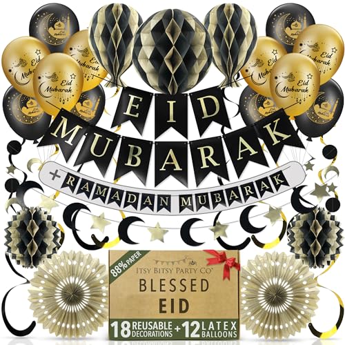 Premium Reusable Eid Decorations for Home - Ramadan Decorations with Balloons - 3-in-1 Banner spells Eid Mubarak, Ramadan Mubarak & Ramdan Kareem - Fast Assembly with Velcro (Black & Gold + Balloons)