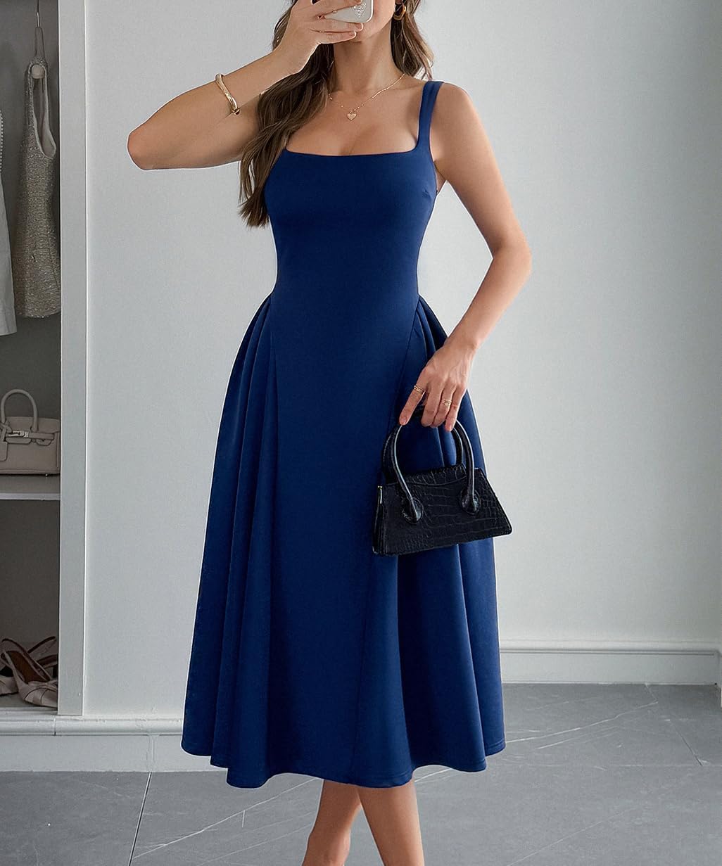 Wellwits Women's Wide Strap Square Neck Pleated Vintage Cocktail Formal Dress - Image 6
