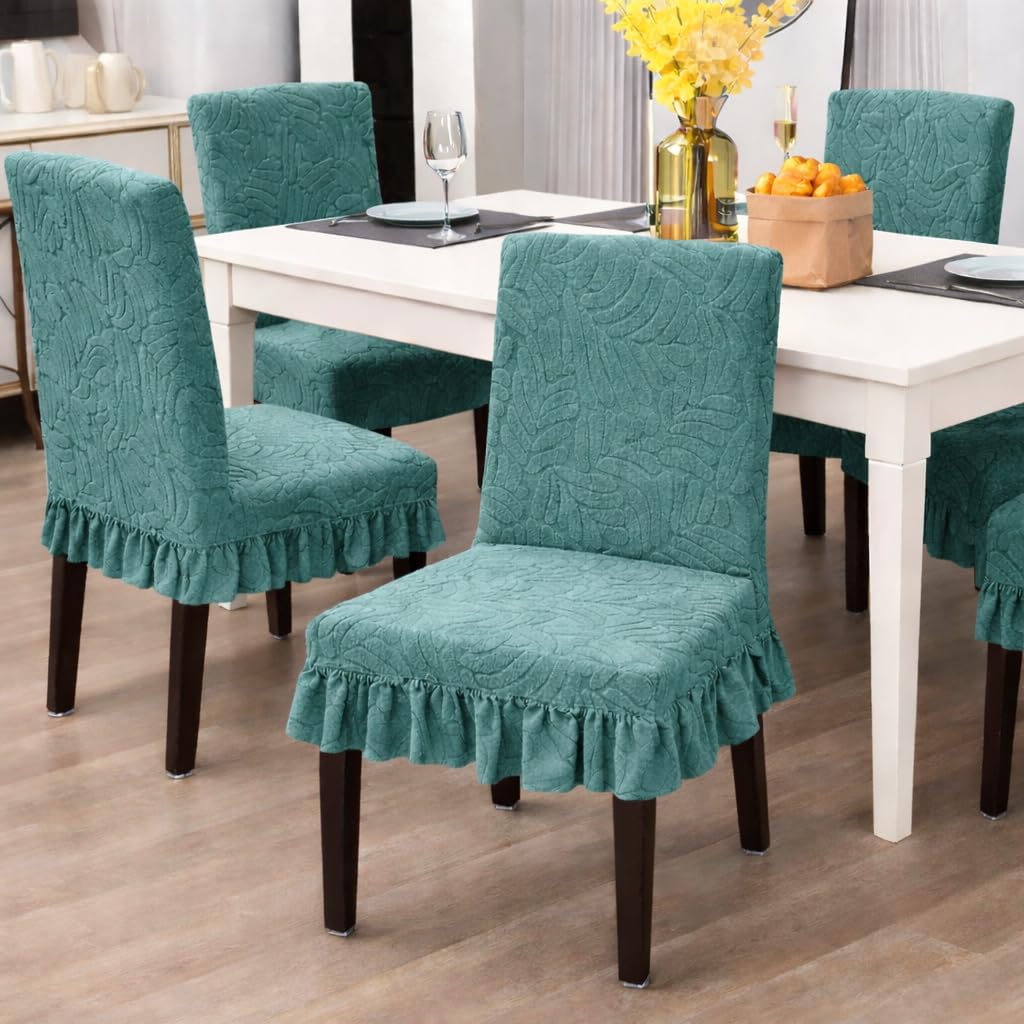 Homerz Premium Pack of 6 Stretchable Dining Chair Cover with Frill Skirt | Embossed Geometric Printed Elastic Chair Seat Protector Slipcover (Teal, Pack of 6)-image-4