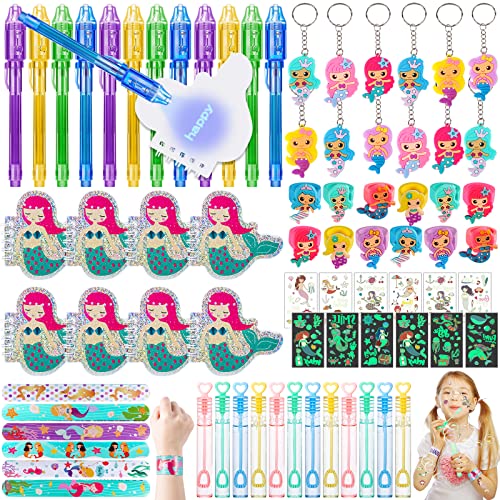 94 Pièces Cadeau Anniversaire Sirène Encre Invisible Carnet de Notes Sirène Bracelets Bagues Porte Clés Baguette à Bulles Lumineux Tatouages pour Enfant Fille Sirèn Fete Pinata Jouet Cadeau Remplie Cover