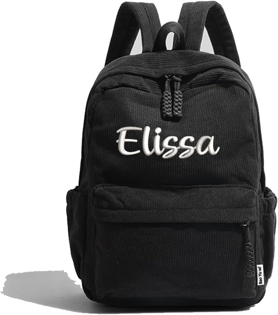 Custom Large Capacity Backpack Embroidered Style Corduroy Rucksack Smooth Zippers Personalized Name Multicolorful Bags, Black, Large