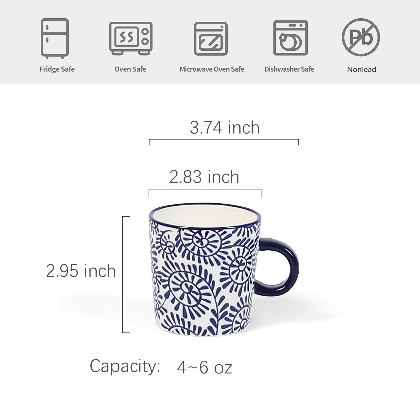 Selamica Espressotassen aus Keramik, 4er-Set, 142 ml, Espressotassen, Porzellan, Cappuccinotassen, Demitasse-Tassen für Kaffee, Latte, Lungo, Tee, Vintage-Blau