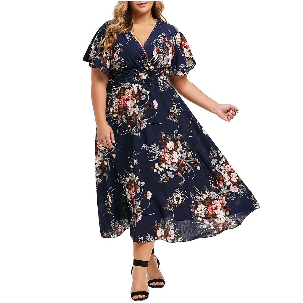 NUSGEAR 2024 Vestidos Largo para Mujer Vestido Manga Corta Talla Grande Elegante Verano Estampado Floral Casual Vestidos Cuello en V Fiesta Moda Playa Suelto Vestido de Noche Vacaciones