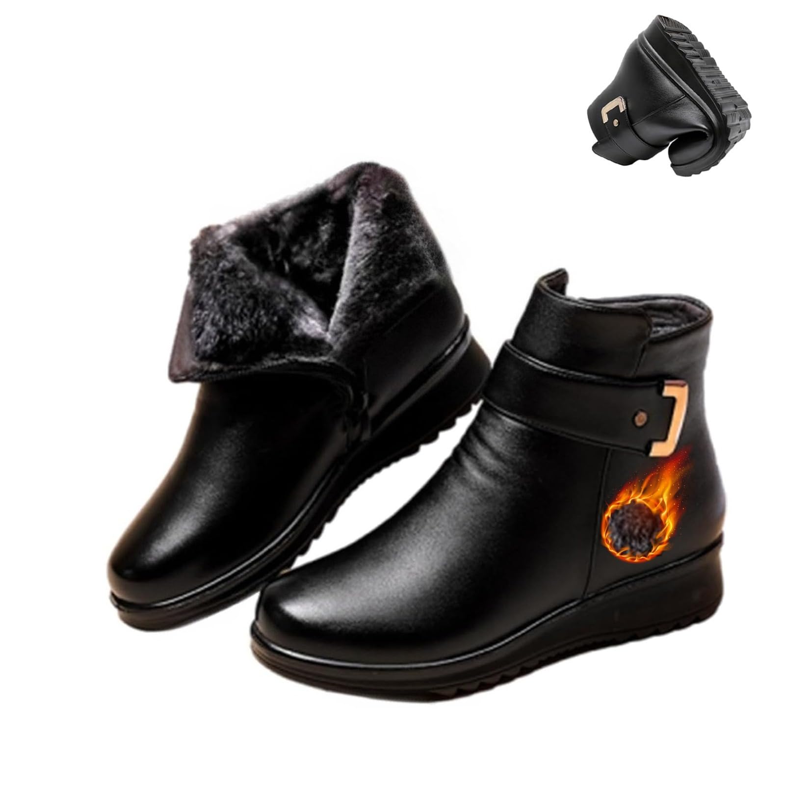Womens Metal Buckle Genuine Leather Wool Orthopedic Boots Winter Warm Non-Slip Plush Lined Side Zipper Leather Boots