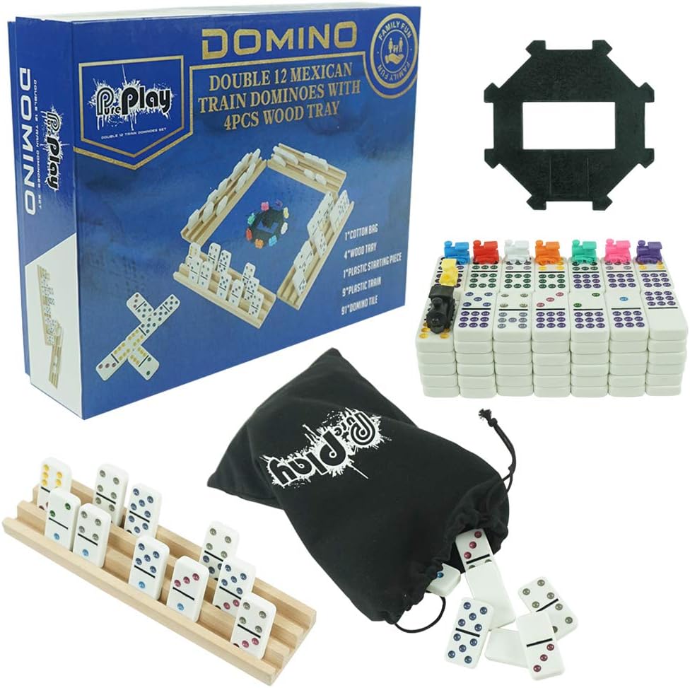 Mexican Train Dominoes Set - Double 12 Colored Dot Dominoes - Includes 91 Tiles with 9 Trains, 4 Wooden Trays and Storage Bag for 2-8 Players Ages 8+