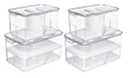 SANNO Fridge Produce Saver Storage Vegetable Fruit Containers Food Produce Saver Container Stackable Refrigerator Organizer Bins Fresh Keeper Drawers Organizer, Set of 4