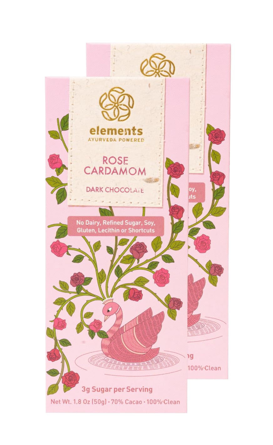 Rose Cardamom Flavoured Dark Chocolate Bar| Ayurvedic, Vegan & Gluten Free | No Refined Sugar & Artificial Flavours | Enriched with Cocoa, Coconut Sugar & Cardamom 50g (Pack of 2)
