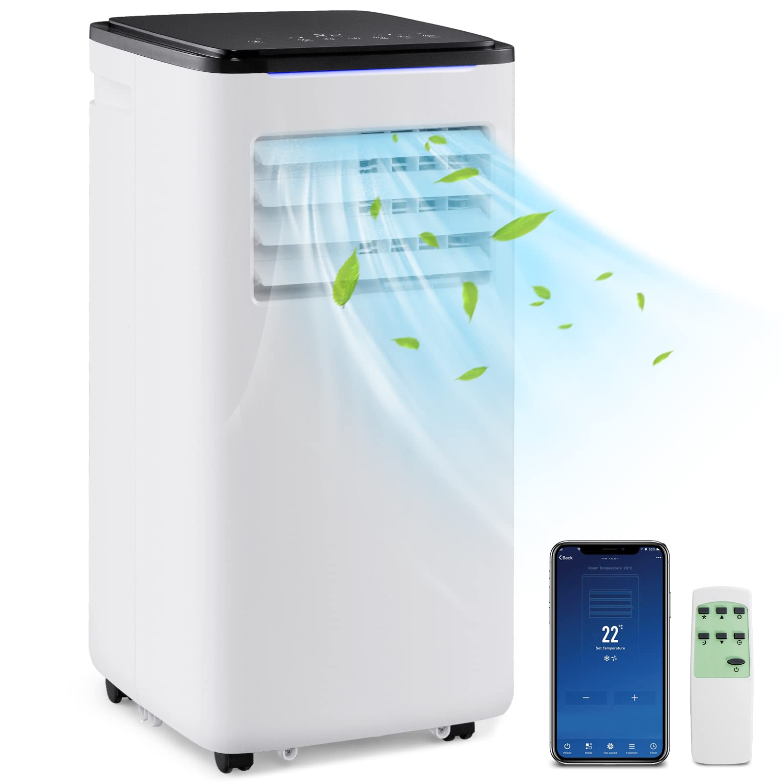 COSTWAY 9000 BTU Aire Acondicionado Portatil Silencioso, 5 en 1 Aire acondicionado móvil, Ventilador y Deshumidificador, Modo Nocturno, 24H Temporizador, Control Remoto/Pantalla/Wifi, 20 m²