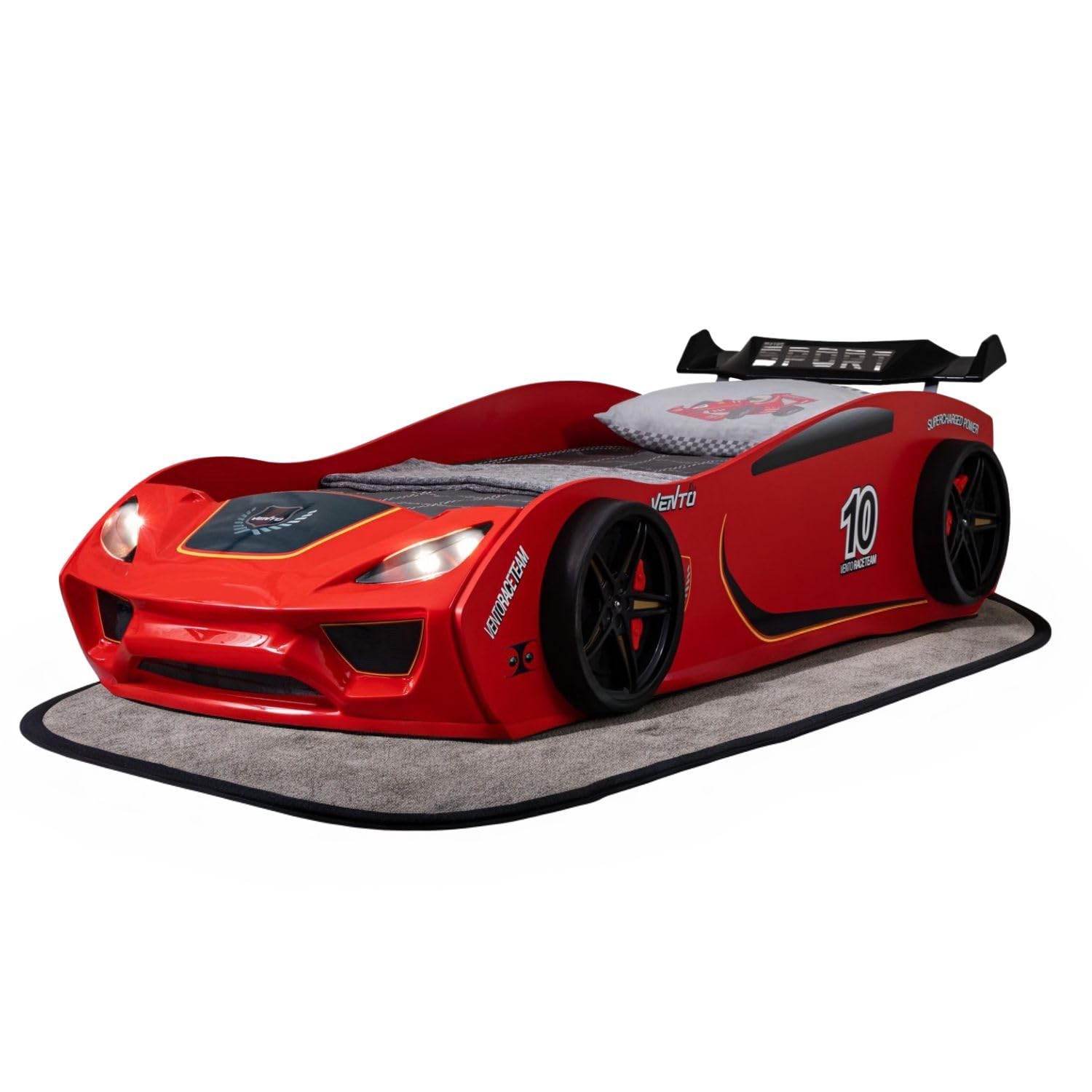 Coemo Autobett Vento Kinderbett 90x200 cm im Rennwagen-Design, Rot | Autobett mit Lattenrost, aufwändig gearbeitete Front mit glänzender Oberfläche, detailgetreue Motive, sportlicher Heckspoiler