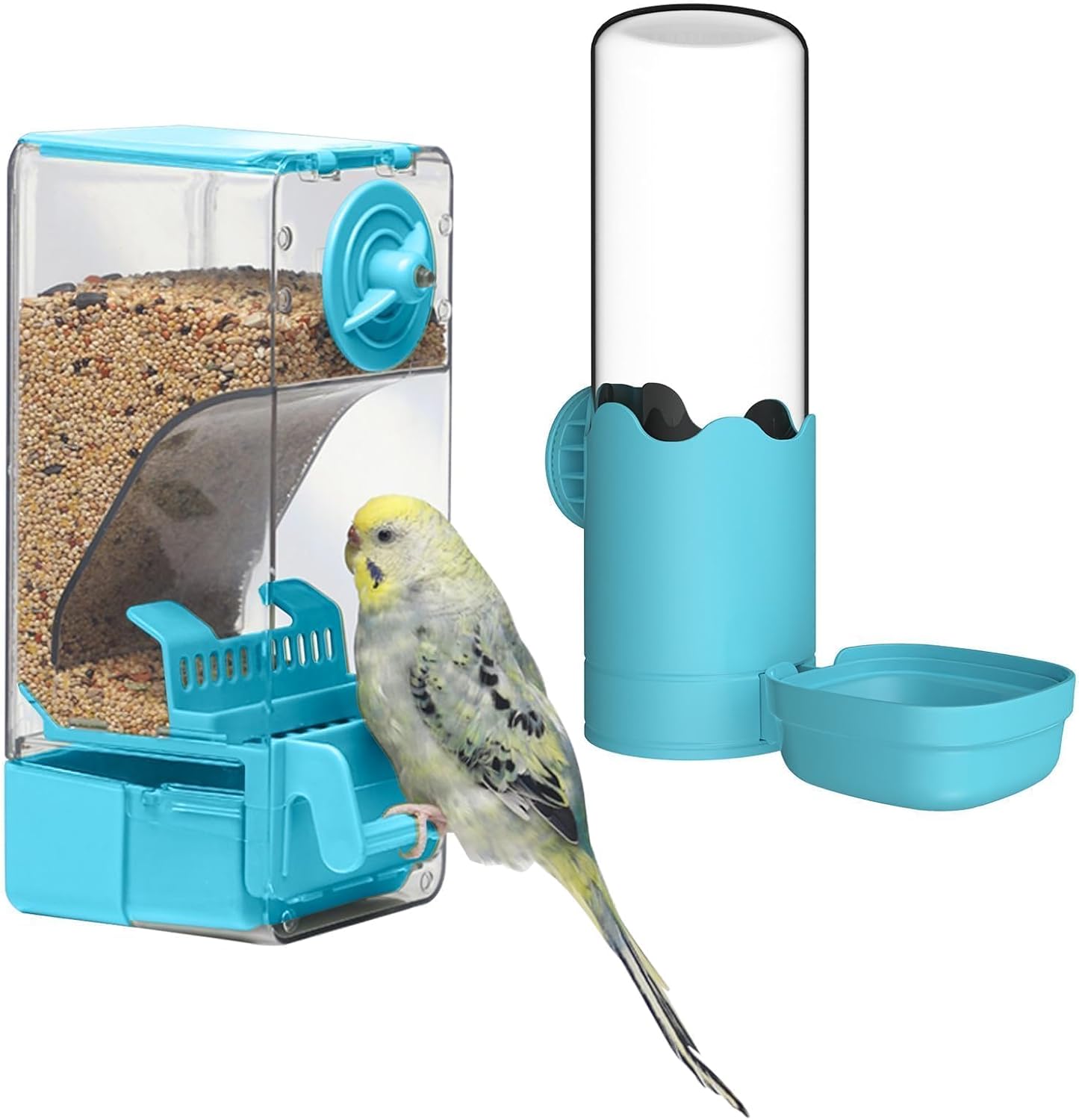 No Mess Bird Feeder Water Dispenser Set, Automatic Cage Feeder with Perch for Seed Parakeet Canary Cockatiel Finch Budgies Cage Accessories (Blue)