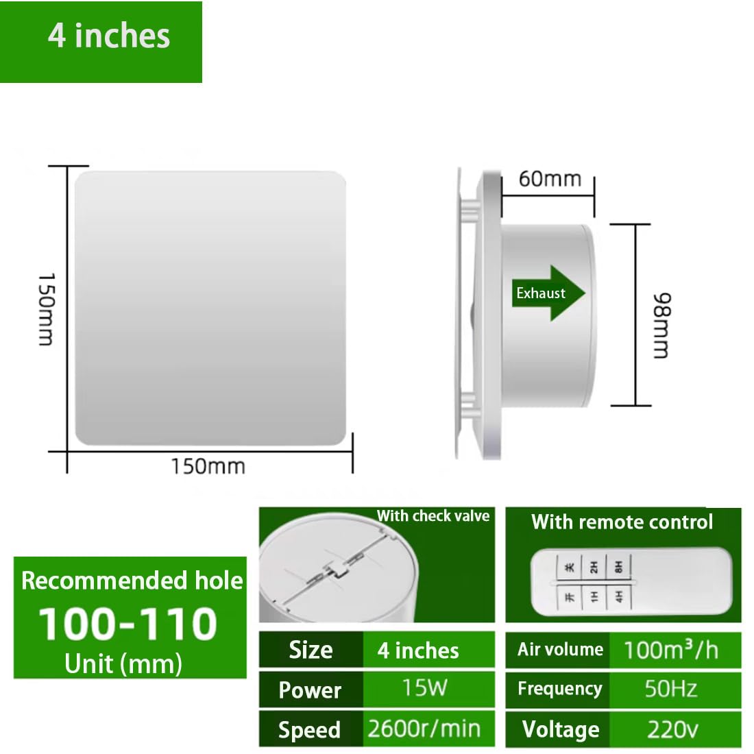 Extractor De Baño, Extractor Baño Silencioso Extractor Cocina con Control Remoto Y Válvula De Retención, Adecuado para Duchas, Baños, Oficinas, Hogares White,4IN