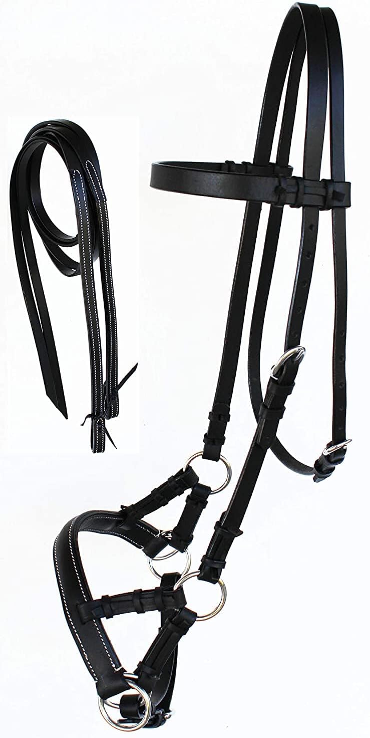 Leather Bridle English Headstall Reins Cowhide Genuine Horse Crossover Crossunder Raised Fancy Stitched Laced All Purpose Jumping Dressage Rubber Crystal Padded Adjustable Browband Full-Cob,M42