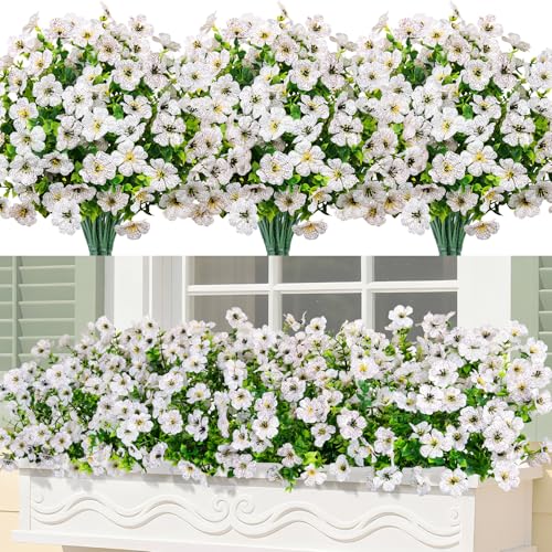 Image of Bassion 24 Bundles Artificial Flowers for Outdoors Fake Flowers, White | UV resistant, silk flowers, realistic faux plants for outdoor planter, window box porch patio garden home outside decor