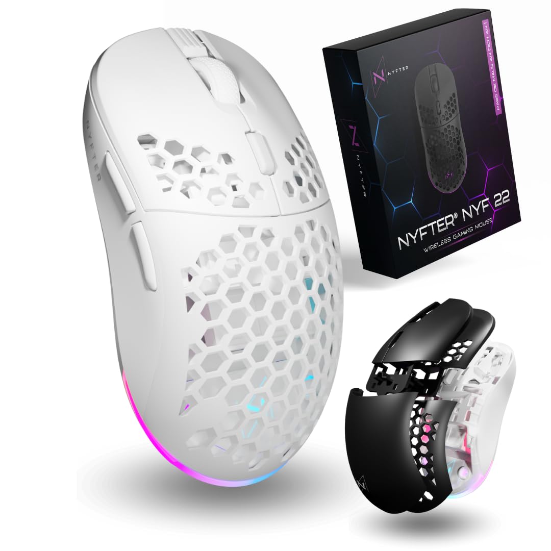 Nyfter - NYF22 Wireless Gaming Mouse con ratón de panal de abeja blanco-Black Ultraligero 75g potente con 400mA 19K DPI 400 IPS 1000 Hz 50h Duración de la batería Duradera Dos fundas intercambiables