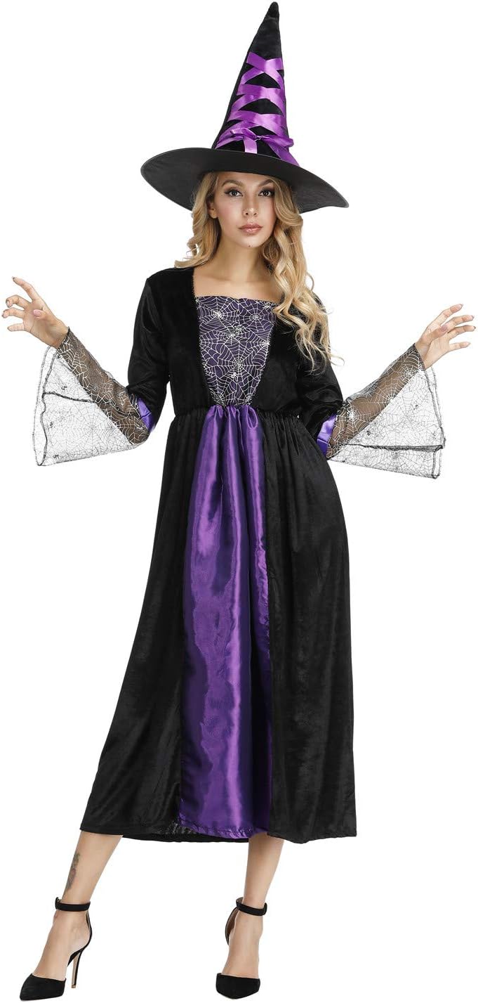 frawirshau Witch Costume for Women Sorceress Dress Wicked Witch Hat Sexy Halloween Costumes