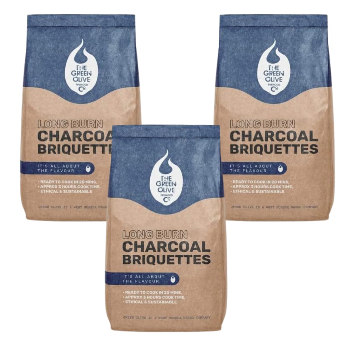 Green Olive Firewood Company - 3 x 4kg bags (12kg) Long Burn BBQ Charcoal Briquettes - Use for Charcoal Barbecues and meat smokers - Natural and Sustainable - Quick Lighting and Long Burn Time