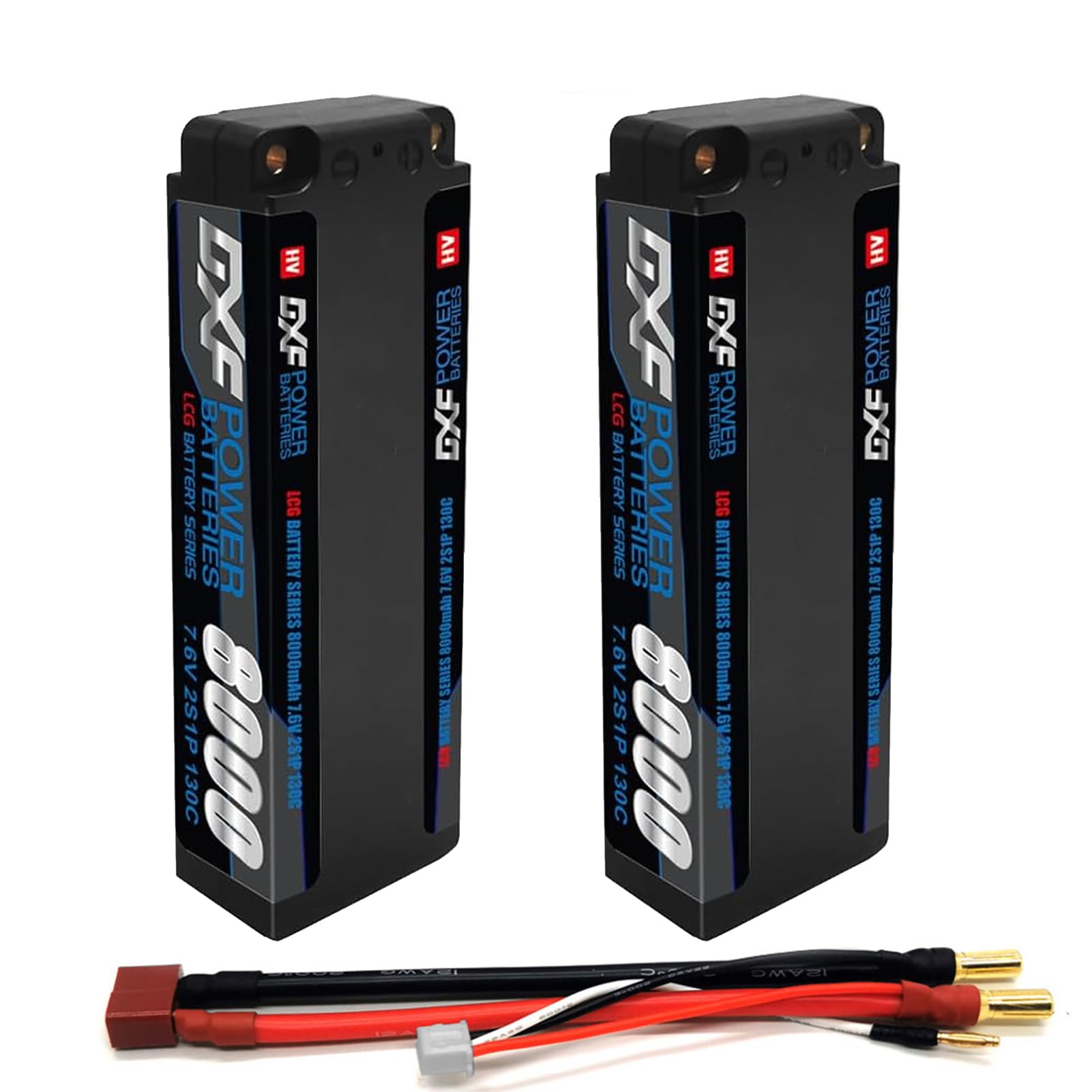 DXF 2S LiPo Battery 8000mAh 130C 7.6V Hard Case 2 Pack Deans T Plug RC Car Truck Buggy Truggy Monster Crawler Basher 1/10 1/8 Scale Racing Vehicles Rechargeable Hobby Grade