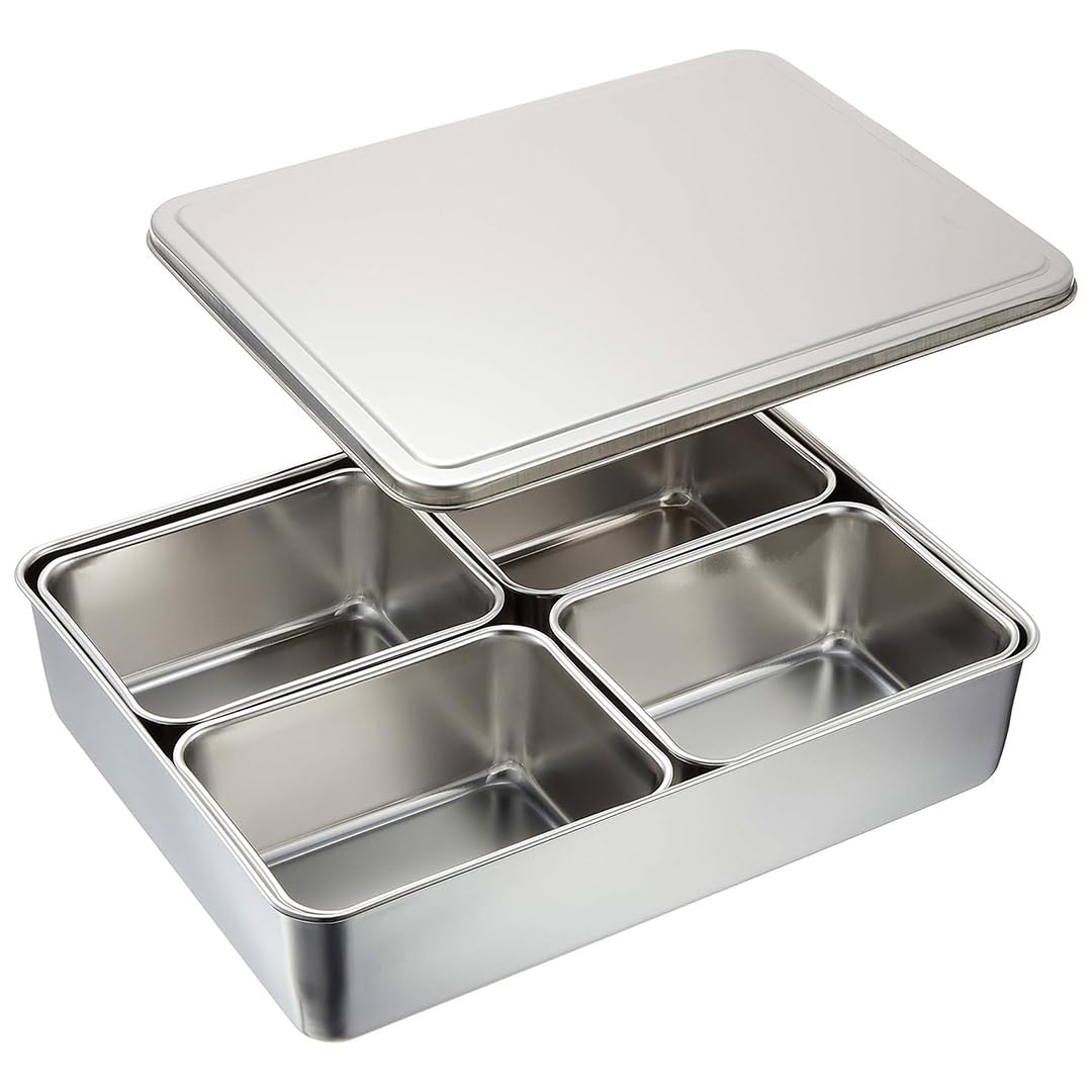 Gewürzbehälter aus Edelstahl, Yakumi-Pfanne, Gewürz-Aufbewahrungsbox, Tablett mit Deckel, mittlere Größe, hergestellt in Japan (4 Behälter (quadratisch))