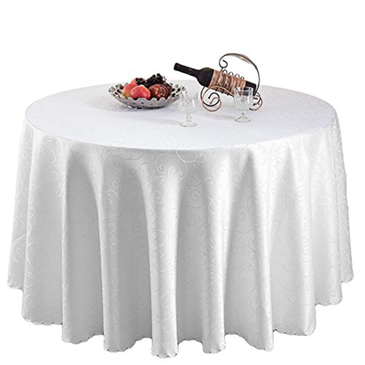 Weddecor Okrągły obrus adamaszkowy z nakładką wzór z gałązką wirującą, bezszwowy okrągły lniany obrus na stół, impreza, zmywalny obrus do restauracji, jadalni, kolacji przy świecach, biały, 3 szt