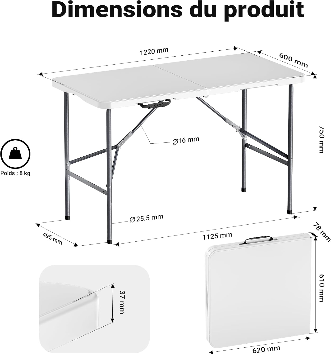 Technical diagram showing the dimensions of the unfolded and folded white camping table, including length, width, height, and leg diameters.