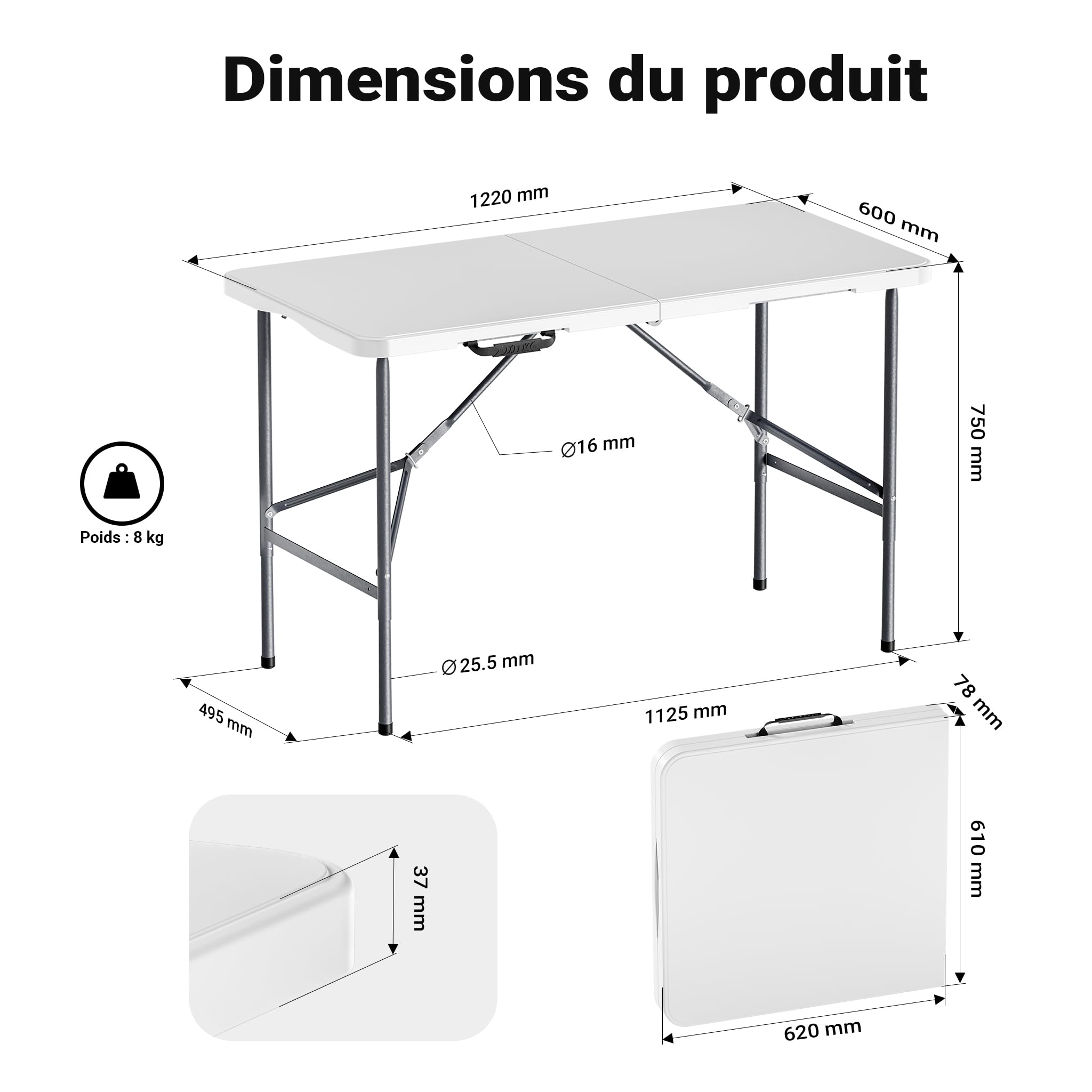 Toboli Campingtisch klappbarer Partytisch Klapptisch Tisch Gartentisch 120x60x74cm Weiß