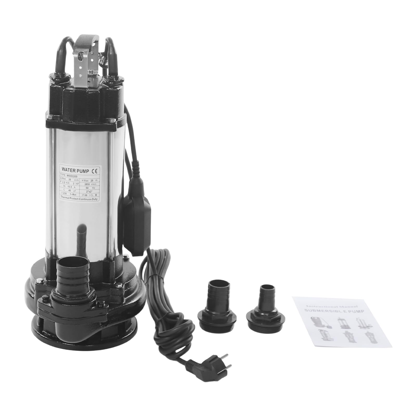 Bomba sumergible de acero inoxidable 2200 W – Bomba de aguas residuales con interruptor de flotador, bomba de agua sumergible para sótano, jardín y piscina, 26 m³/h de caudal de 25 m de altura