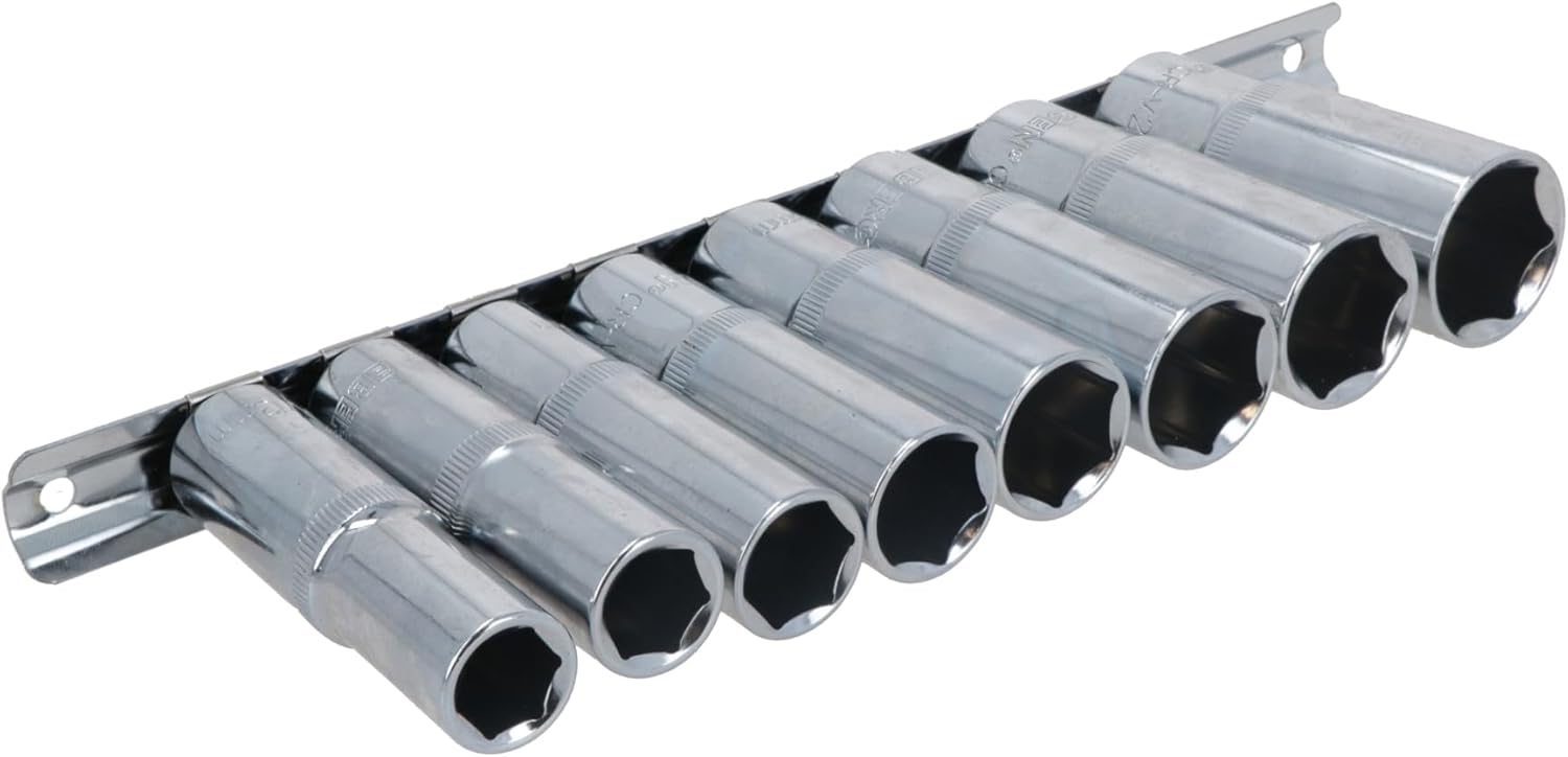 1/2" Drive Deep Metric Sockets 13mm - 24mm 6 sided on Rail 8pc By Bergen AU054
