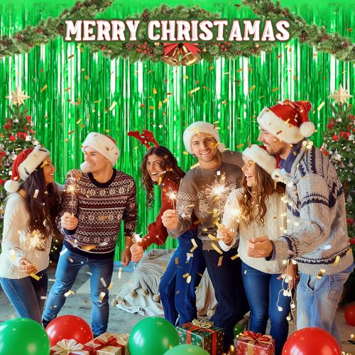 Image of Crosize 7 Pack 3.3 x 9.9 ft Green Foil Fringe Curtains Party Decorations, Green Tinsel Curtain Backdrop for Parties, Door Streamers, Glitter Streamer Backdrop for Birthday Decoration