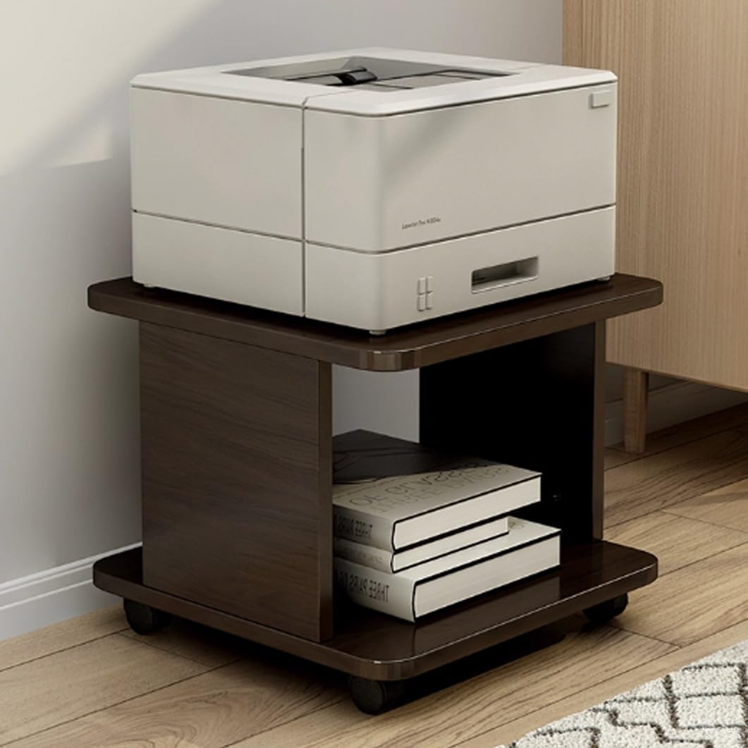 Mobiler Druckerständer für unter den Schreibtisch, 2/3-stufiger Druckerwagen mit 4 Rädern, kompaktes Druckerregal aus Holz zur Aufbewahrung im Homeoffice (Schwarznuss, 40 x 50 x 28 cm)