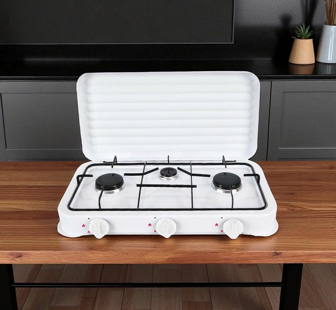 Cocina Hornillo de gas portatil para camping y exterior con 3 quemadores, placa de gas con tapa protectora, manguera de presión para butano incluiddo.