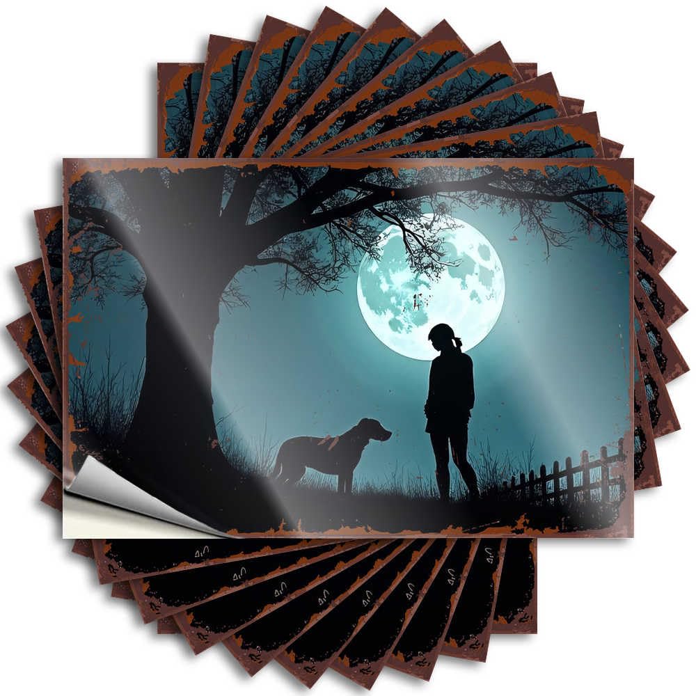 Quote Modern Peel and Stick - Silhouette of Girl and Dog Under Moonlit Tree Bottle Good Waterproof Vinyl for Essentials(8X12CM)
