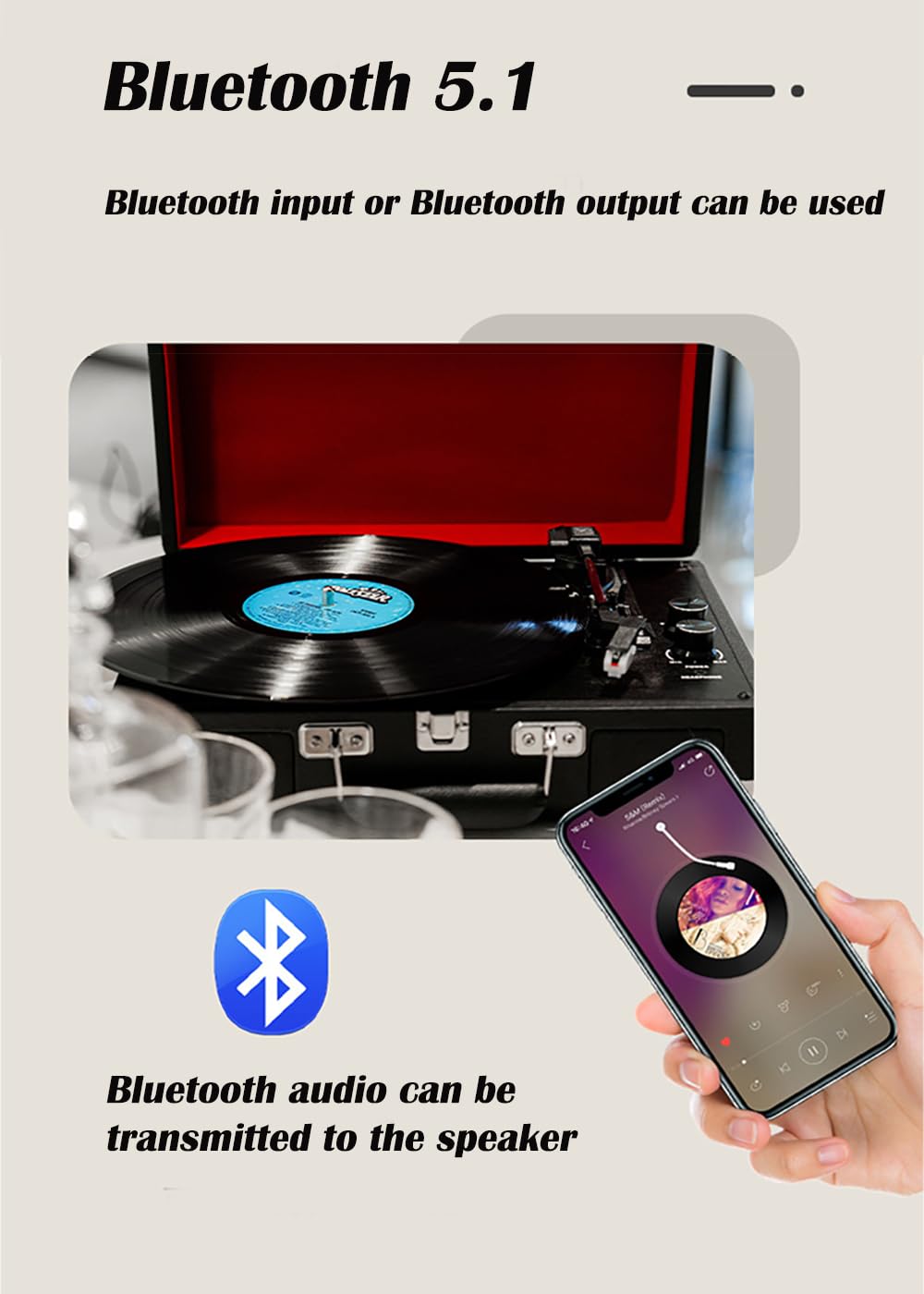 Giradischi Bluetooth in Vinile - Dischi in Vinile da 7/10/12", 33/45/78 Giri, Design Portatile a Valigia, 2 Altoparlanti Stereo, Pelle, intrattenimento Domestico e Decorazione, Blu