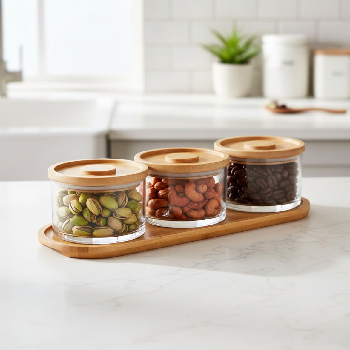 Chip- und Dip-Schüssel-Set – 4-teiliges Dipschalen aus Glas mit Deckel & Bambus-Serviertablett für Vorspeisen und Snacks, perfekt für Partys und Küche