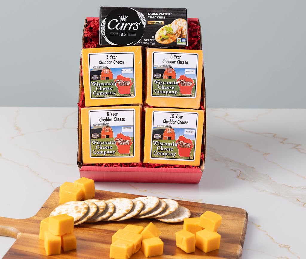 Wisconsin Cheese Company - 100% Wisconsin Aged Cheddar Cheese & Cracker Gift Box - Aged Cheddar (3 Year, 5 Year, 8 Year & 10 Year) | Premium Wisconsin Cheese | Large Gift Box | Perfect for Parties, Charcuterie Boards, and Holiday Gifts
