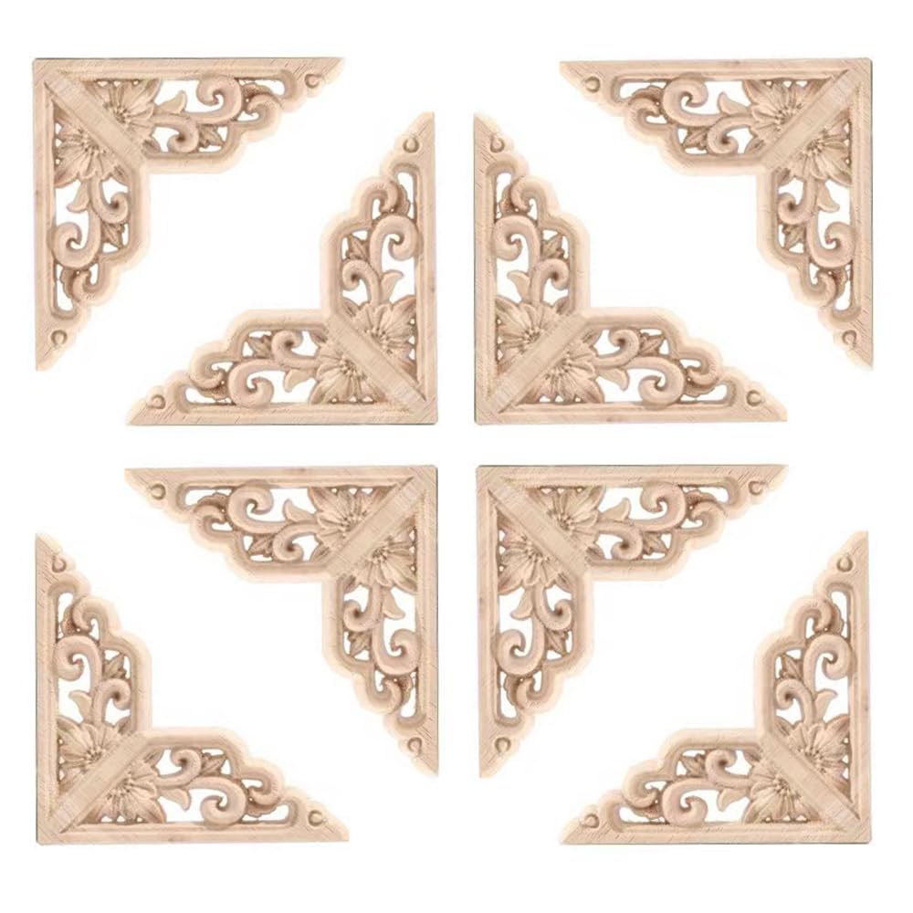Aiminjey 20 Pcs Decorative Wood Flower Carved Appliques 2.4inch Corner Onlay DIY Unpainted Solid Wooden Carved Corner Decal for Furniture Wardrobe Mirror Photo Frame Closet Decoration (2.4inch)