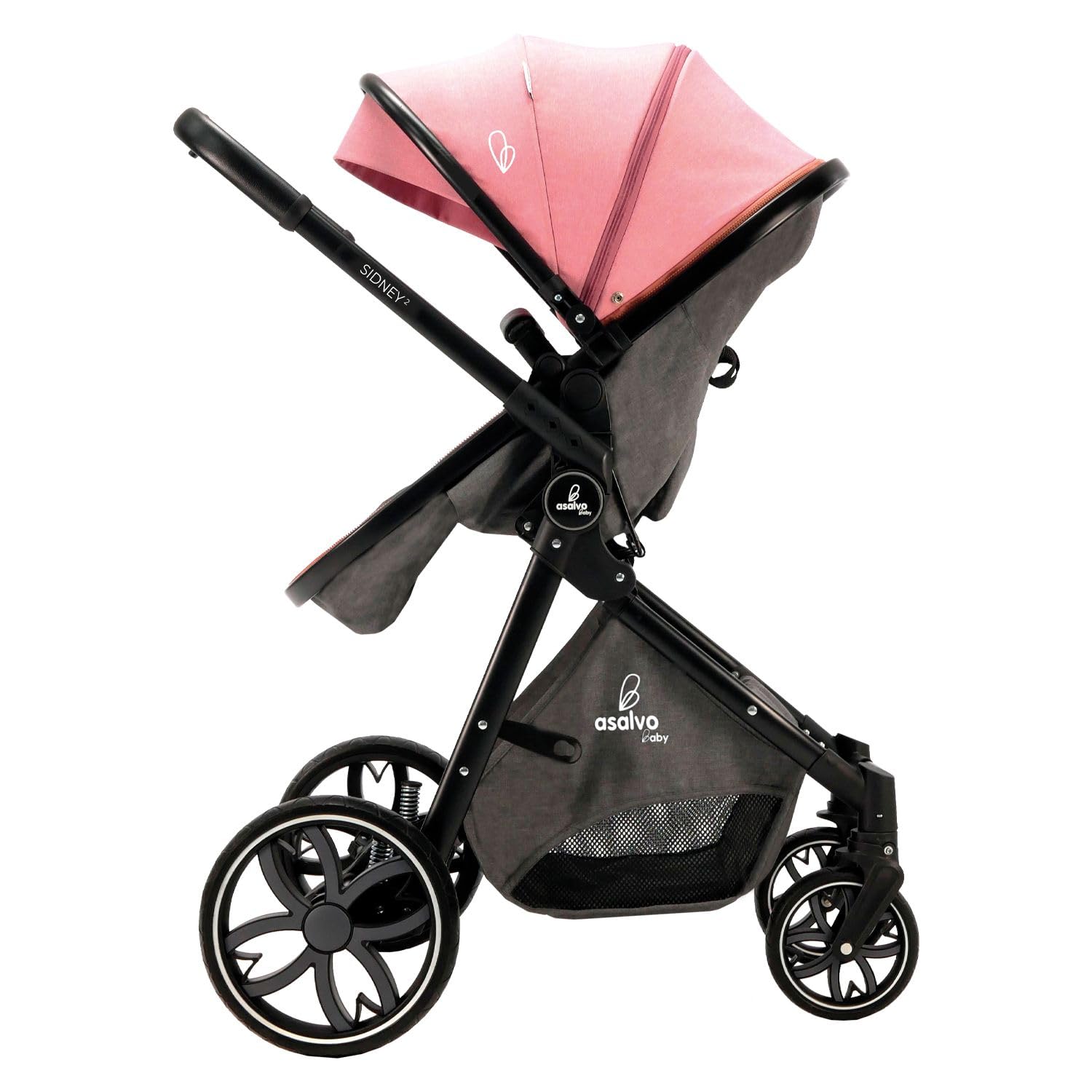 Asalvo SIDNEY 2 Trío Convertible 3 en 1, Silla de paseo, Carrito de bebé, Silla de Auto, Confortable, Segura, Capota extensible, Suspensión en las Ruedas, Freno trasero, Carga Máxima 23 kg, Rosa