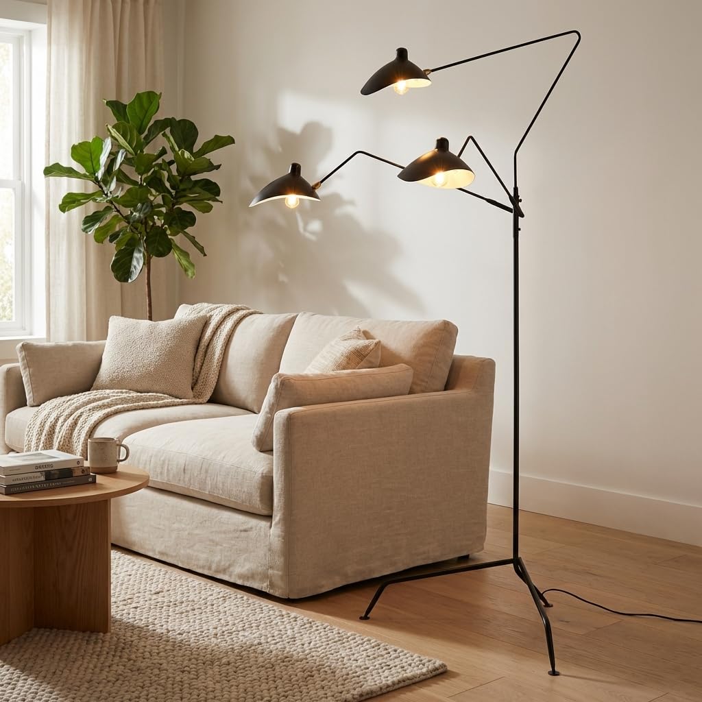 BARCELONA LED Lampa stojąca duża i wysoka czarna w stylu industrialnym vintage, 3 regulowane światła E27, solidny metal, nowoczesny retro design do salonu, sypialni, biura i kącika do czytania