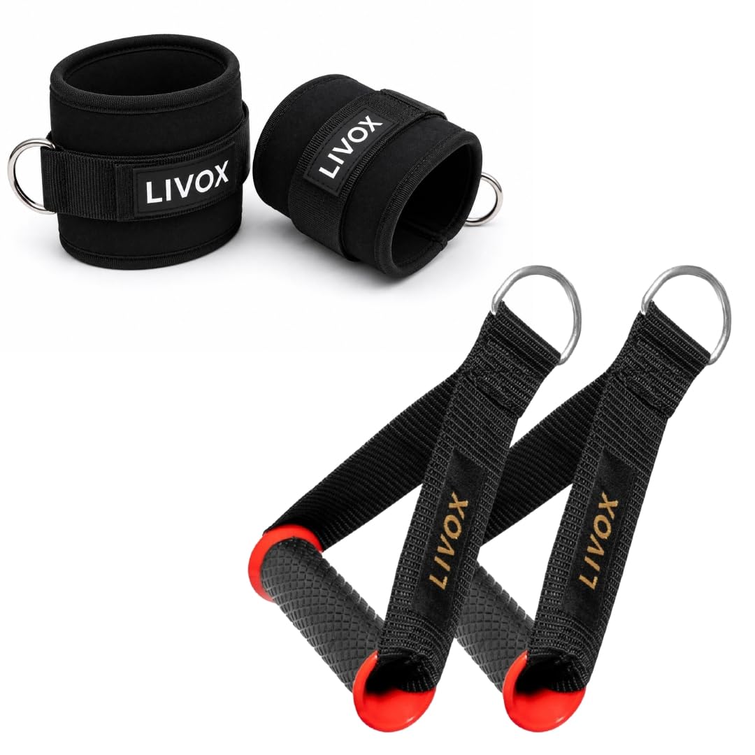 LIVOX Ankle Strap and D Handle Set, Black, Cable Machine Attachment for Gym Workouts-image-32