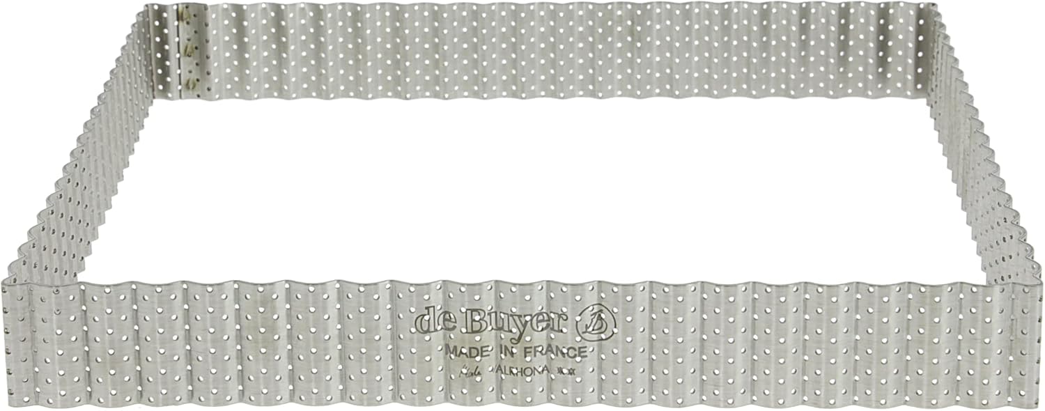 de Buyer Perforated Fluted Square Tart Ring - 9” x 9” x 1.2” Perfect for Baking Beautifully Crisp Tarts - Easy to Use & Clean - Made in France
